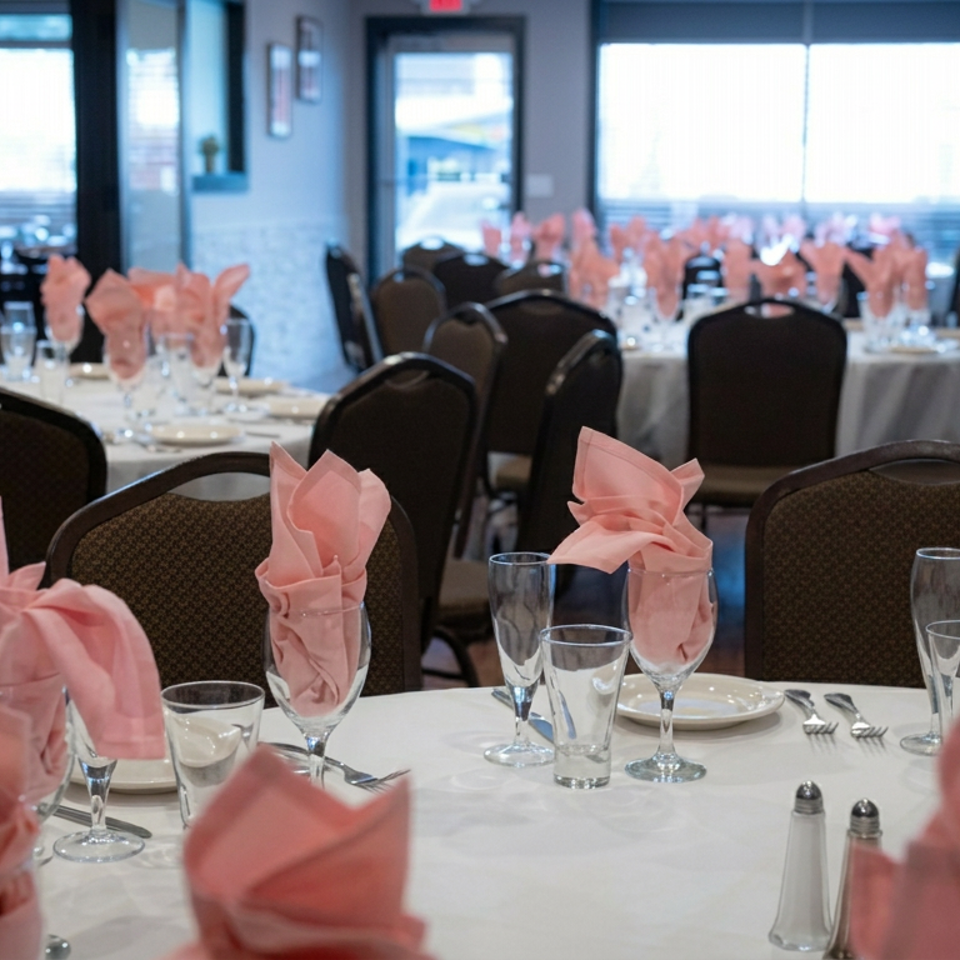 Elegant banquet dining room with round tables, white linens, pink folded napkins, glassware, and neatly arranged place settings.